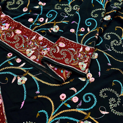 Indian Pre-owned Heavy Sari Black Pure Georgette Silk Hand Embroidered Sarees Designer Abu Jani 5Yd Sewing Ethnic Bollywood Designer Sarees