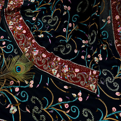 Indian Pre-owned Heavy Sari Black Pure Georgette Silk Hand Embroidered Sarees Designer Abu Jani 5Yd Sewing Ethnic Bollywood Designer Sarees