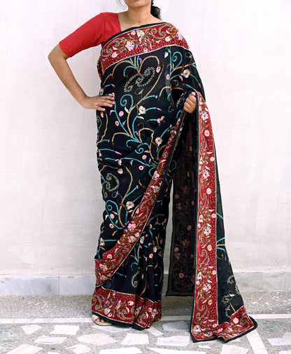 Indian Pre-owned Heavy Sari Black Pure Georgette Silk Hand Embroidered Sarees Designer Abu Jani 5Yd Sewing Ethnic Bollywood Designer Sarees