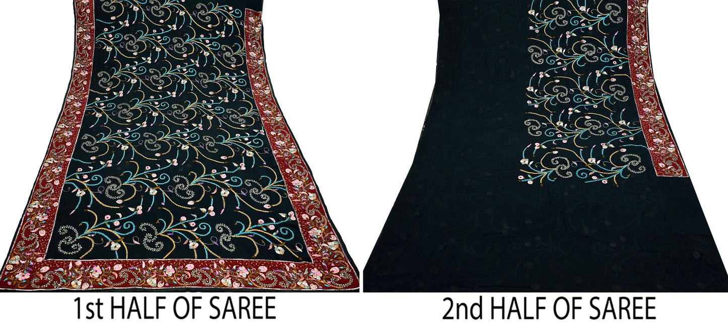 Indian Pre-owned Heavy Sari Black Pure Georgette Silk Hand Embroidered Sarees Designer Abu Jani 5Yd Sewing Ethnic Bollywood Designer Sarees