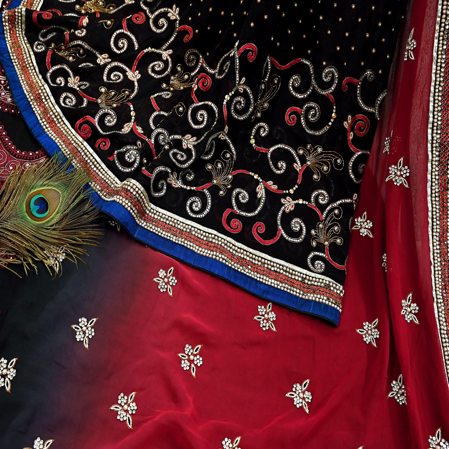 Indian Pre-owned Sari Red & Black Pure Georgette Silk Hand Embroidered Anamika Khanna Designer Sarees Ethnic 6Yd Sewing  Wedding Sarees