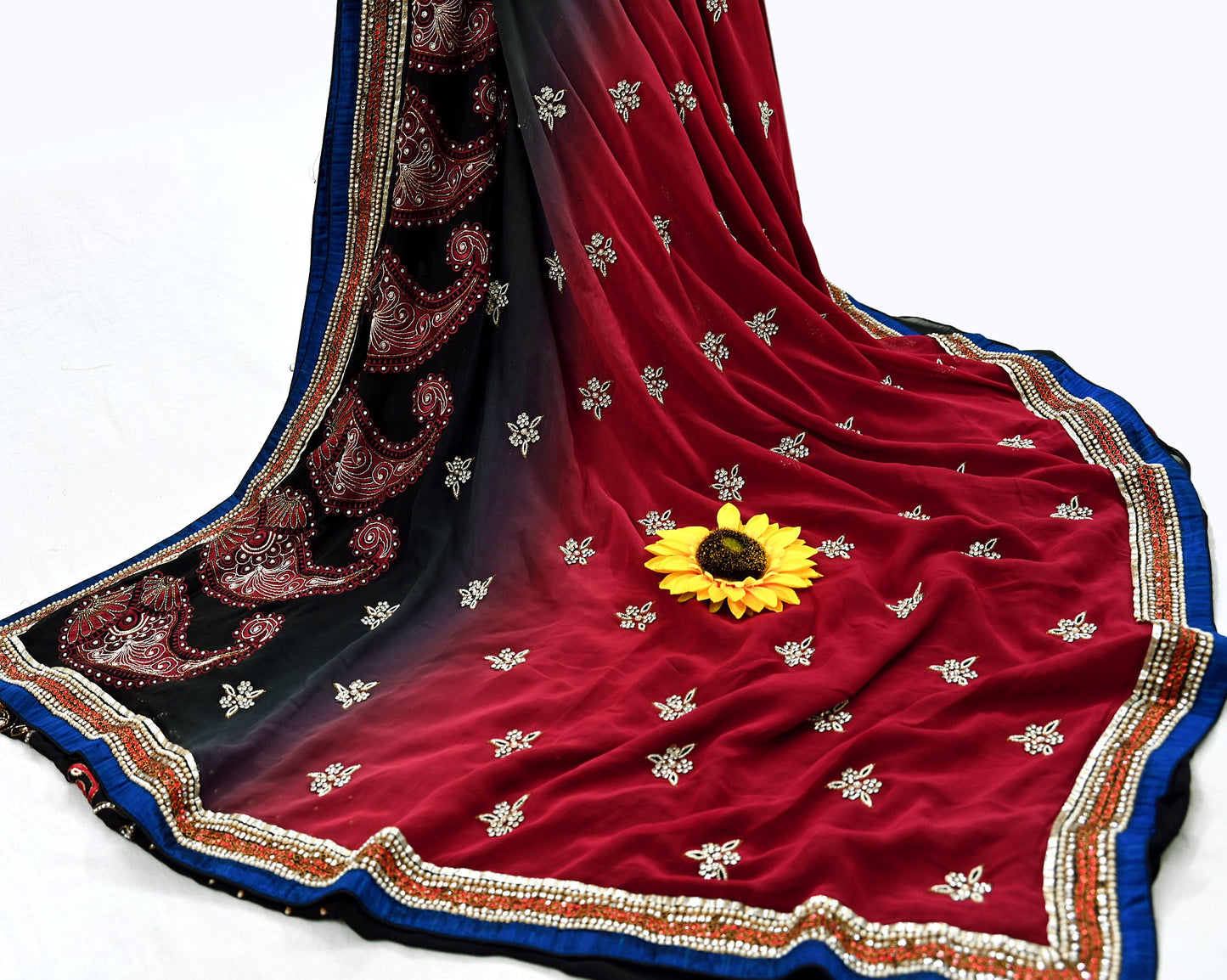 Indian Pre-owned Sari Red & Black Pure Georgette Silk Hand Embroidered Anamika Khanna Designer Sarees Ethnic 6Yd Sewing  Wedding Sarees