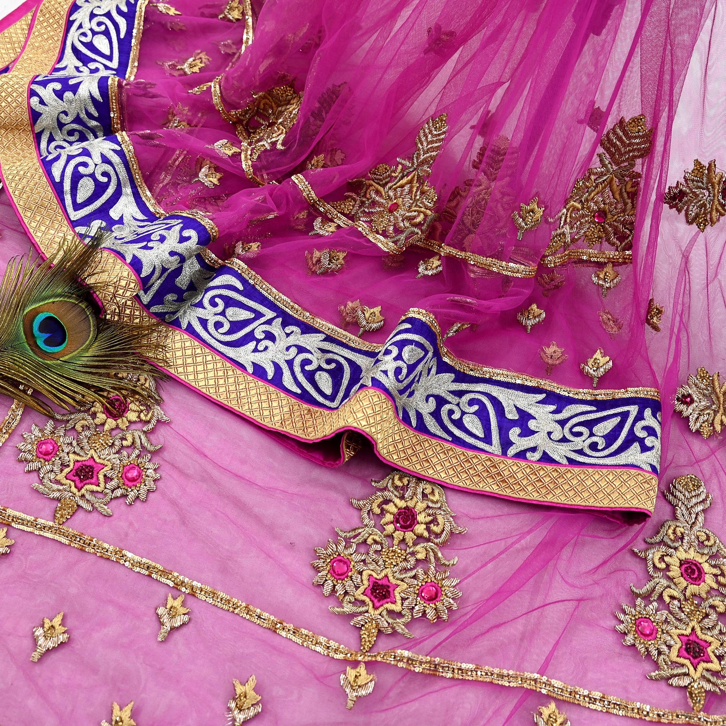 Indian Pre-owned Sari Purple Net/Mesh Hand Embroidered Anamika Khanna Designer Sarees Ethnic 6Yd Sewing  Zardozi/Dabka Zari Wedding Sarees