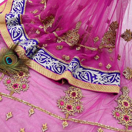 Indian Pre-owned Sari Purple Net/Mesh Hand Embroidered Anamika Khanna Designer Sarees Ethnic 6Yd Sewing  Zardozi/Dabka Zari Wedding Sarees