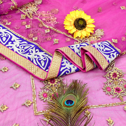 Indian Pre-owned Sari Purple Net/Mesh Hand Embroidered Anamika Khanna Designer Sarees Ethnic 6Yd Sewing  Zardozi/Dabka Zari Wedding Sarees