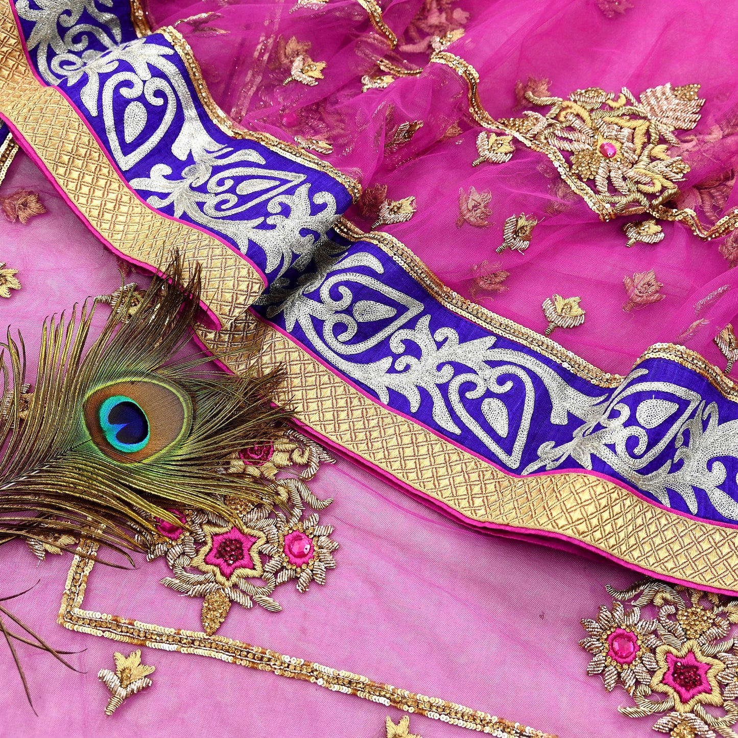 Indian Pre-owned Sari Purple Net/Mesh Hand Embroidered Anamika Khanna Designer Sarees Ethnic 6Yd Sewing  Zardozi/Dabka Zari Wedding Sarees