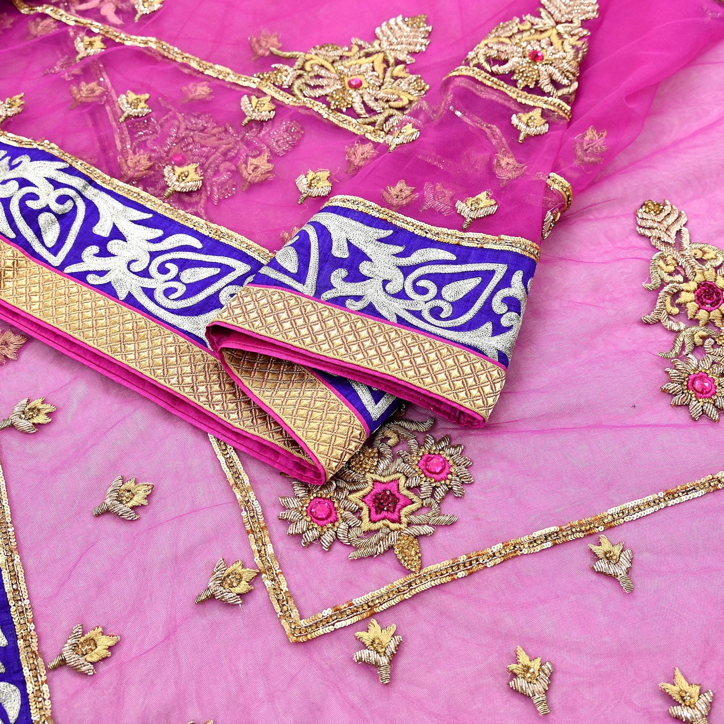 Indian Pre-owned Sari Purple Net/Mesh Hand Embroidered Anamika Khanna Designer Sarees Ethnic 6Yd Sewing  Zardozi/Dabka Zari Wedding Sarees