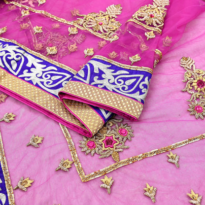 Indian Pre-owned Sari Purple Net/Mesh Hand Embroidered Anamika Khanna Designer Sarees Ethnic 6Yd Sewing  Zardozi/Dabka Zari Wedding Sarees