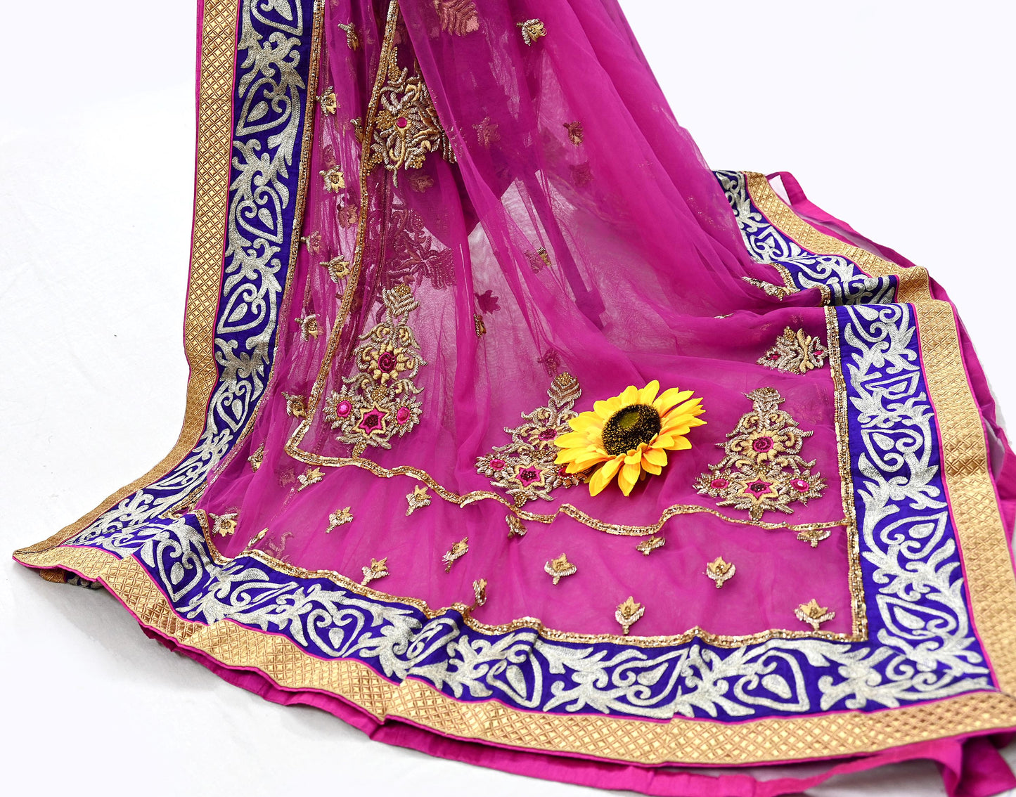 Indian Pre-owned Sari Purple Net/Mesh Hand Embroidered Anamika Khanna Designer Sarees Ethnic 6Yd Sewing  Zardozi/Dabka Zari Wedding Sarees