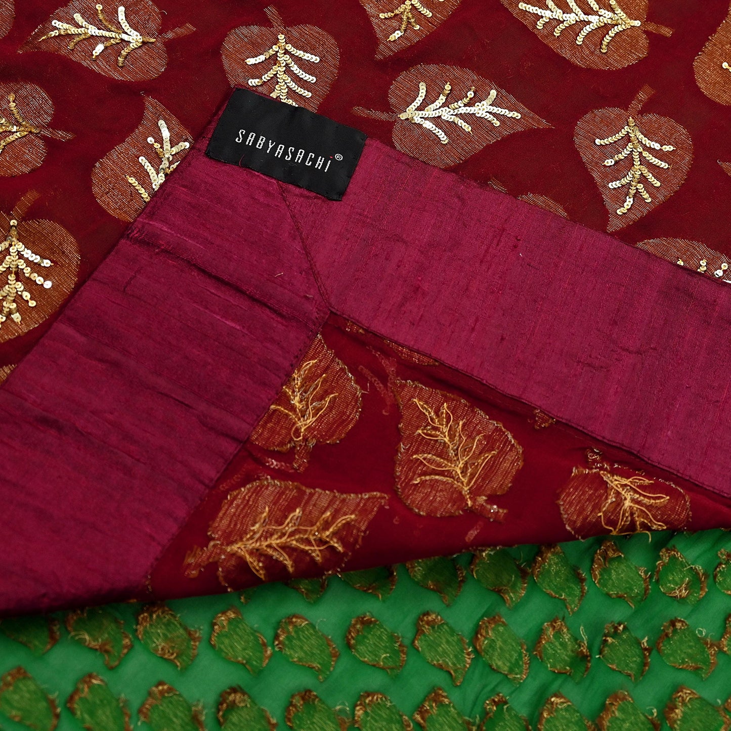 Indian Pre-Owned Sari Maroon & Green Net/Mesh Hand Embroidered Designer Sabyasachi Lehenga Sarees Ethnic Zardozi/Dabka Zari Wedding Sarees