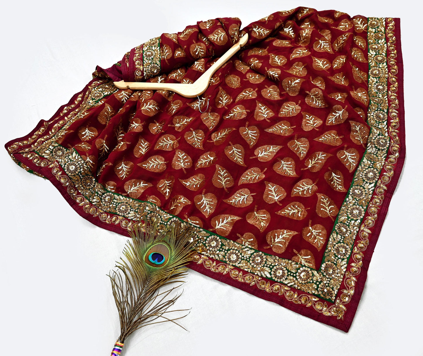 Indian Pre-Owned Sari Maroon & Green Net/Mesh Hand Embroidered Designer Sabyasachi Lehenga Sarees Ethnic Zardozi/Dabka Zari Wedding Sarees