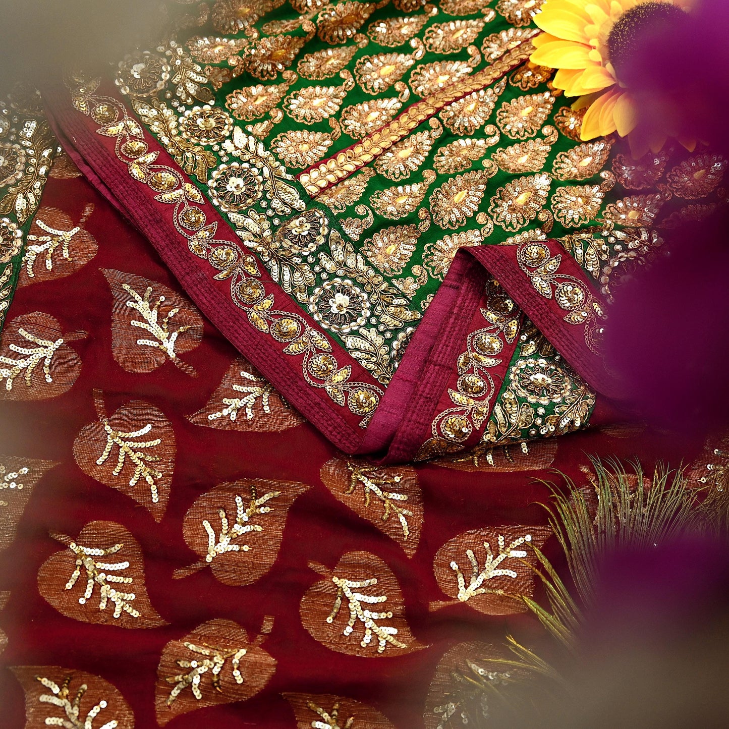 Indian Pre-Owned Sari Maroon & Green Net/Mesh Hand Embroidered Designer Sabyasachi Lehenga Sarees Ethnic Zardozi/Dabka Zari Wedding Sarees