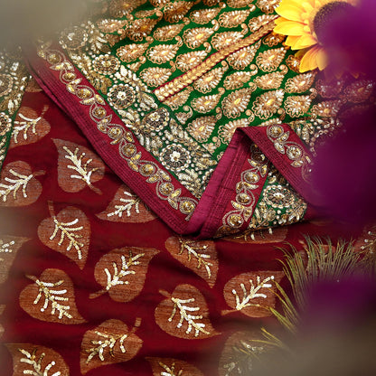 Indian Pre-Owned Sari Maroon & Green Net/Mesh Hand Embroidered Designer Sabyasachi Lehenga Sarees Ethnic Zardozi/Dabka Zari Wedding Sarees