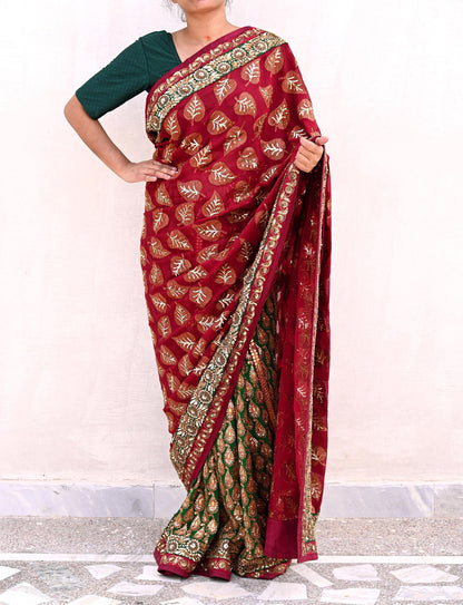 Indian Pre-Owned Sari Maroon & Green Net/Mesh Hand Embroidered Designer Sabyasachi Lehenga Sarees Ethnic Zardozi/Dabka Zari Wedding Sarees