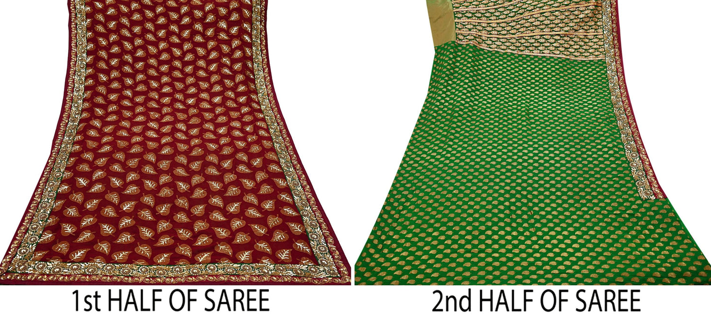 Indian Pre-Owned Sari Maroon & Green Net/Mesh Hand Embroidered Designer Sabyasachi Lehenga Sarees Ethnic Zardozi/Dabka Zari Wedding Sarees