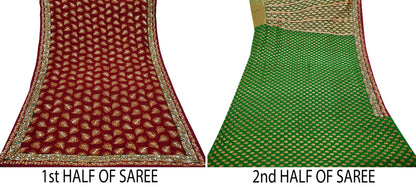 Indian Pre-Owned Sari Maroon & Green Net/Mesh Hand Embroidered Designer Sabyasachi Lehenga Sarees Ethnic Zardozi/Dabka Zari Wedding Sarees