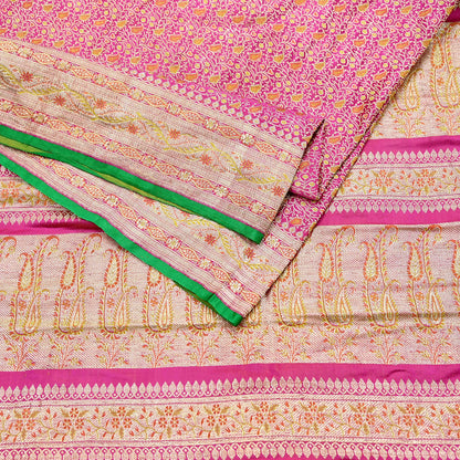 Indian Vintage Sari Pink Heavy Wedding Pure Satin Silk Woven Banarasi Tanchoi Saree 5Yd Ethnic Craft Fabric Upcycle Bridal Heavy Sarees