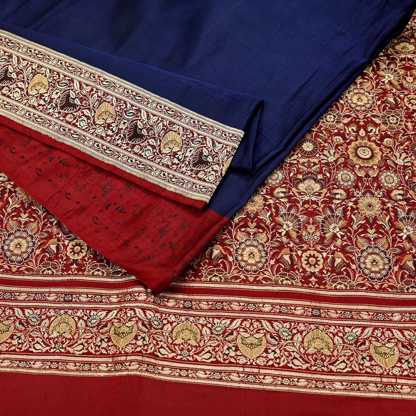 Indian Vintage Sari Blue & Maroon Heavy Pure Satin Silk Woven Banarasi Tanchoi Saree 5Yd Ethnic Craft Fabric Upcycle Bridal Heavy Sarees