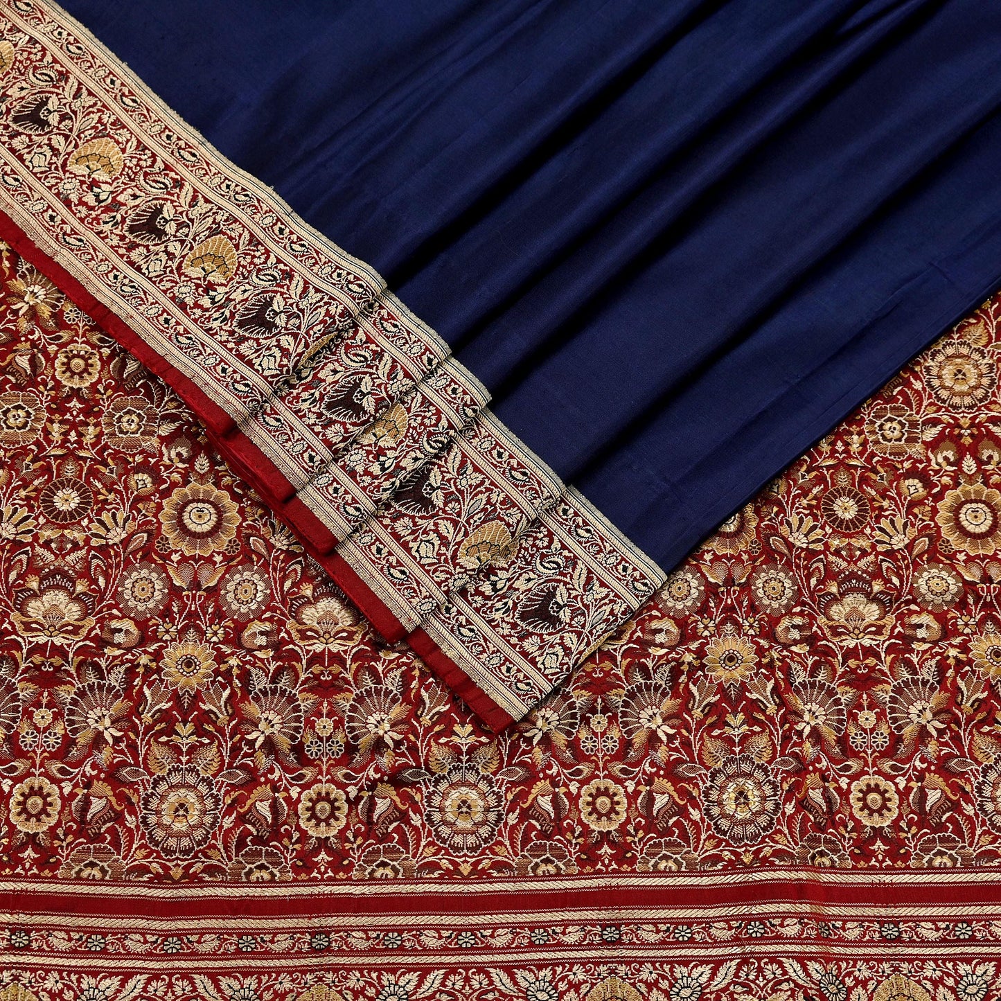 Indian Vintage Sari Blue & Maroon Heavy Pure Satin Silk Woven Banarasi Tanchoi Saree 5Yd Ethnic Craft Fabric Upcycle Bridal Heavy Sarees