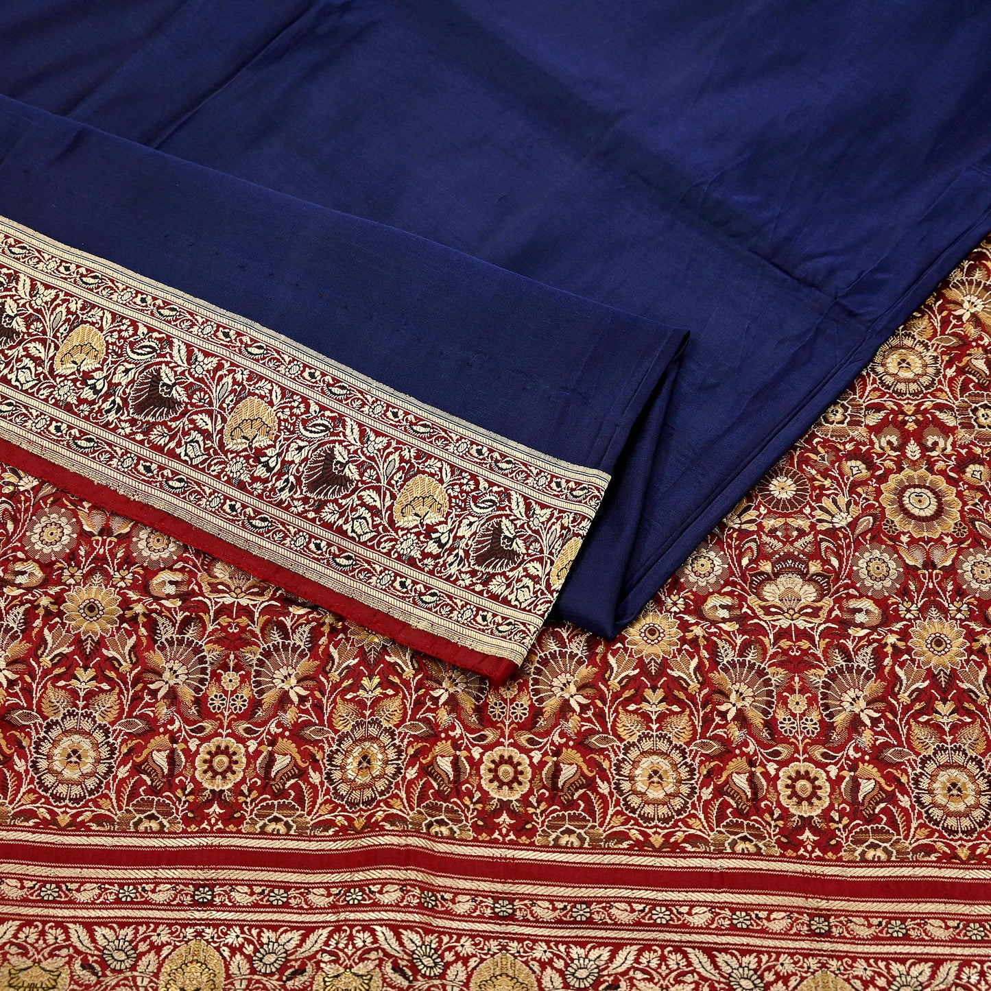 Indian Vintage Sari Blue & Maroon Heavy Pure Satin Silk Woven Banarasi Tanchoi Saree 5Yd Ethnic Craft Fabric Upcycle Bridal Heavy Sarees