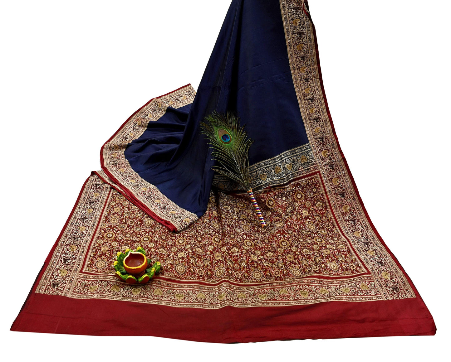 Indian Vintage Sari Blue & Maroon Heavy Pure Satin Silk Woven Banarasi Tanchoi Saree 5Yd Ethnic Craft Fabric Upcycle Bridal Heavy Sarees