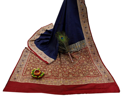 Indian Vintage Sari Blue & Maroon Heavy Pure Satin Silk Woven Banarasi Tanchoi Saree 5Yd Ethnic Craft Fabric Upcycle Bridal Heavy Sarees