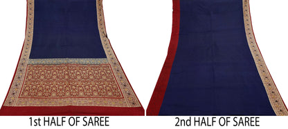 Indian Vintage Sari Blue & Maroon Heavy Pure Satin Silk Woven Banarasi Tanchoi Saree 5Yd Ethnic Craft Fabric Upcycle Bridal Heavy Sarees