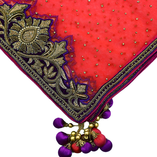 Indian Vintage Heavy Bridal Dupatta red Net Mesh Long Stole Hand Embroidered Scarves Zardozi Dabka Zari Sequins Wedding Dupatta