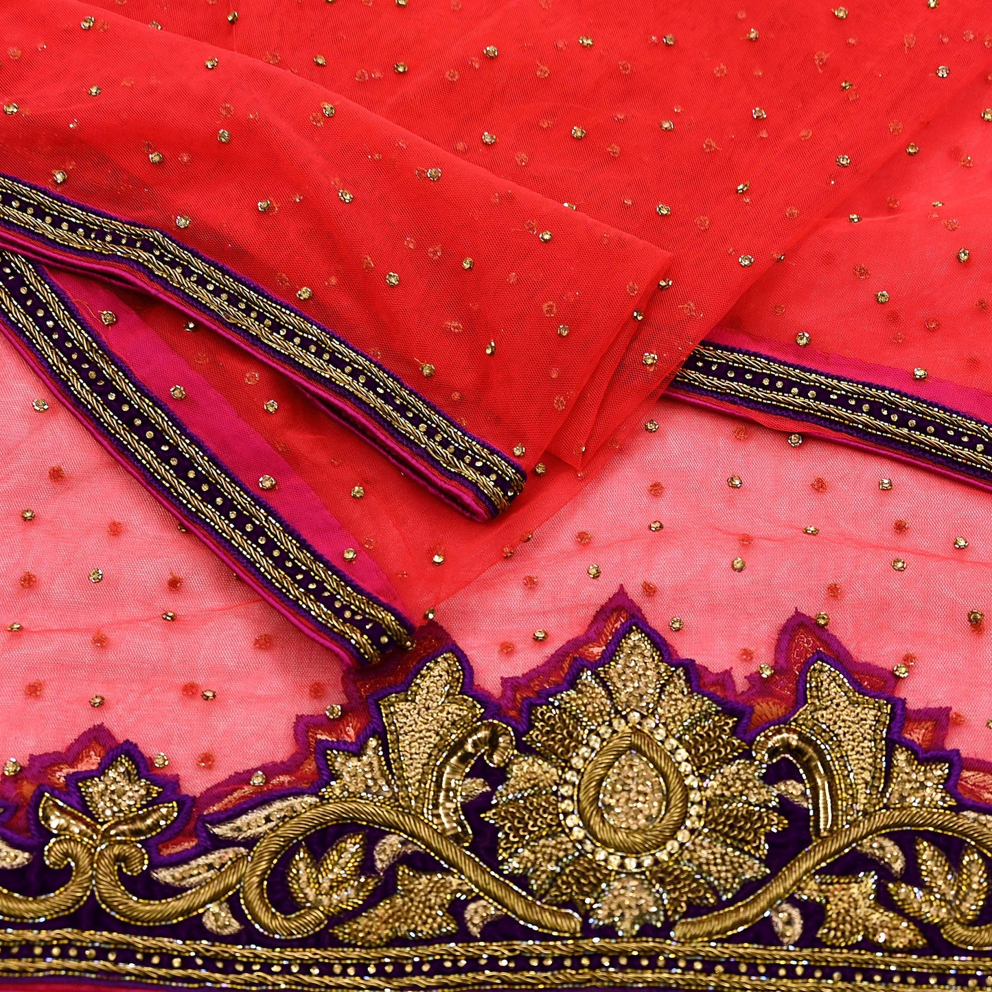 Indian Vintage Heavy Bridal Dupatta red Net Mesh Long Stole Hand Embroidered Scarves Zardozi Dabka Zari Sequins Wedding Dupatta