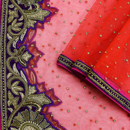 Indian Vintage Heavy Bridal Dupatta red Net Mesh Long Stole Hand Embroidered Scarves Zardozi Dabka Zari Sequins Wedding Dupatta