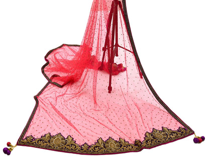 Indian Vintage Heavy Bridal Dupatta red Net Mesh Long Stole Hand Embroidered Scarves Zardozi Dabka Zari Sequins Wedding Dupatta