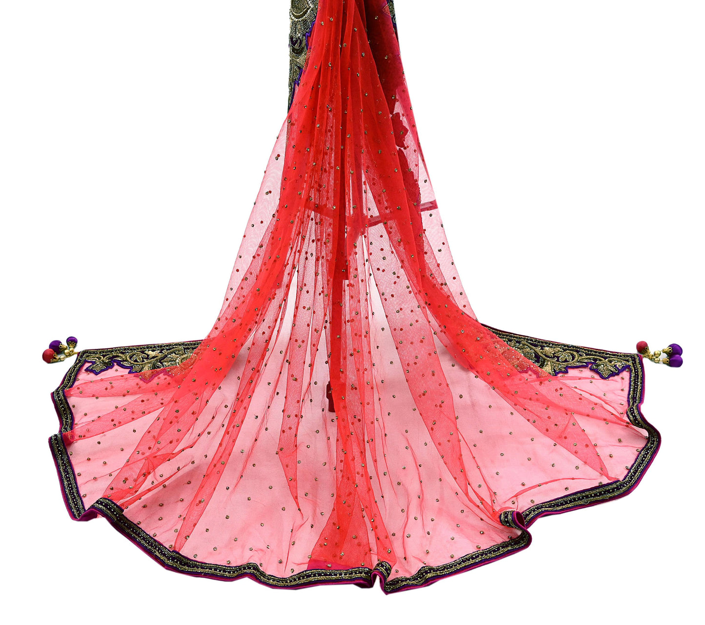 Indian Vintage Heavy Bridal Dupatta red Net Mesh Long Stole Hand Embroidered Scarves Zardozi Dabka Zari Sequins Wedding Dupatta