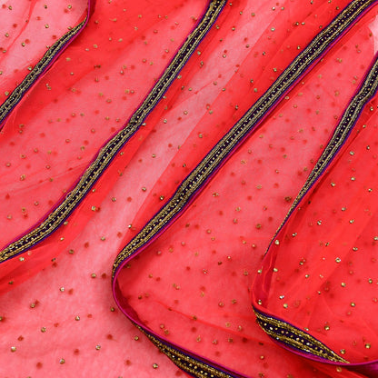 Indian Vintage Heavy Bridal Dupatta red Net Mesh Long Stole Hand Embroidered Scarves Zardozi Dabka Zari Sequins Wedding Dupatta