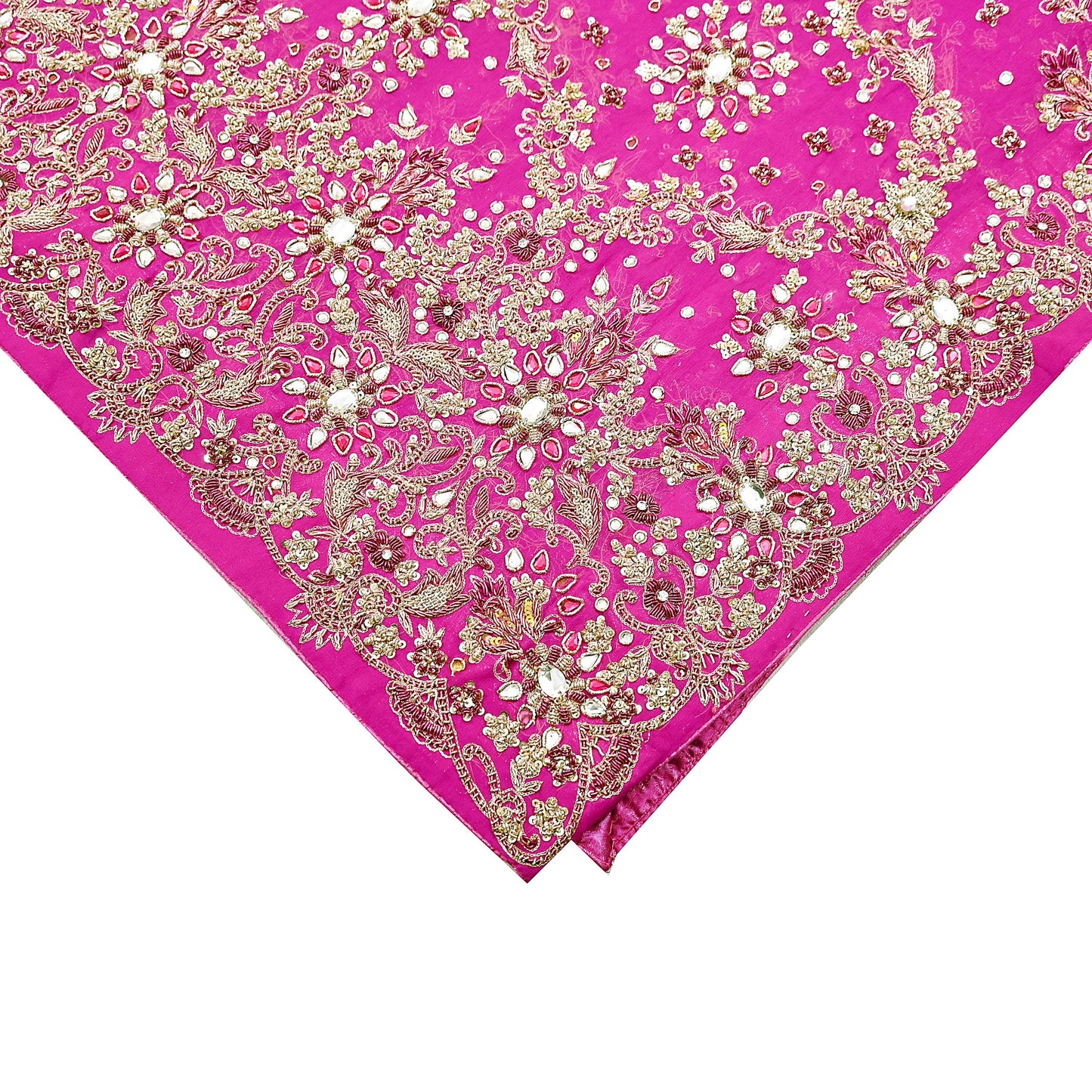 Indian Vintage Heavy Rani Pink Bridal Dupatta Pure Georgette Silk Hand Embroidered Zardozi, Dabka, Zari Work Party Wear Long Stole
