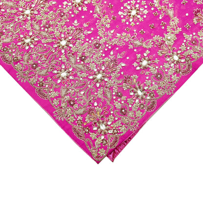 Indian Vintage Heavy Rani Pink Bridal Dupatta Pure Georgette Silk Hand Embroidered Zardozi, Dabka, Zari Work Party Wear Long Stole