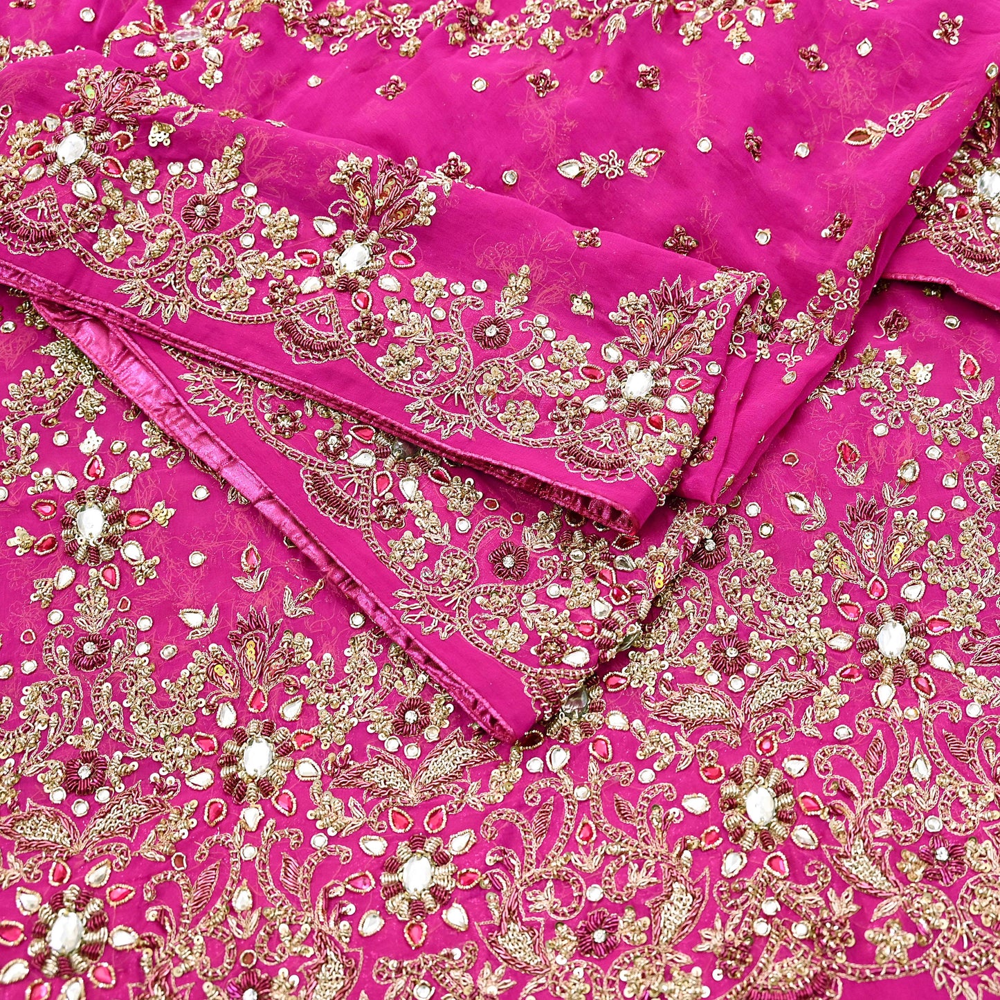 Indian Vintage Heavy Rani Pink Bridal Dupatta Pure Georgette Silk Hand Embroidered Zardozi, Dabka, Zari Work Party Wear Long Stole