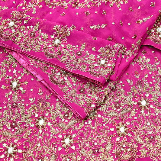 Indian Vintage Heavy Rani Pink Bridal Dupatta Pure Georgette Silk Hand Embroidered Zardozi, Dabka, Zari Work Party Wear Long Stole