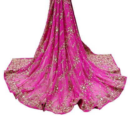Indian Vintage Heavy Rani Pink Bridal Dupatta Pure Georgette Silk Hand Embroidered Zardozi, Dabka, Zari Work Party Wear Long Stole