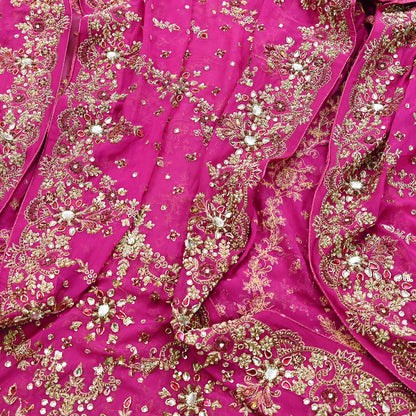 Indian Vintage Heavy Rani Pink Bridal Dupatta Pure Georgette Silk Hand Embroidered Zardozi, Dabka, Zari Work Party Wear Long Stole