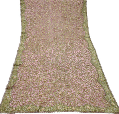 Indian Vintage Heavy Bridal Dupatta Pink Net Mesh Long Stole Hand Embroidered Scarves Silver Zardozi Dabka Zari Sequins Wedding Dupatta