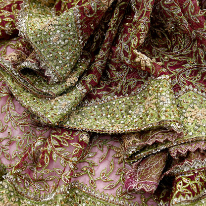 Indian Vintage Heavy Bridal Dupatta Pink Net Mesh Long Stole Hand Embroidered Scarves Silver Zardozi Dabka Zari Sequins Wedding Dupatta