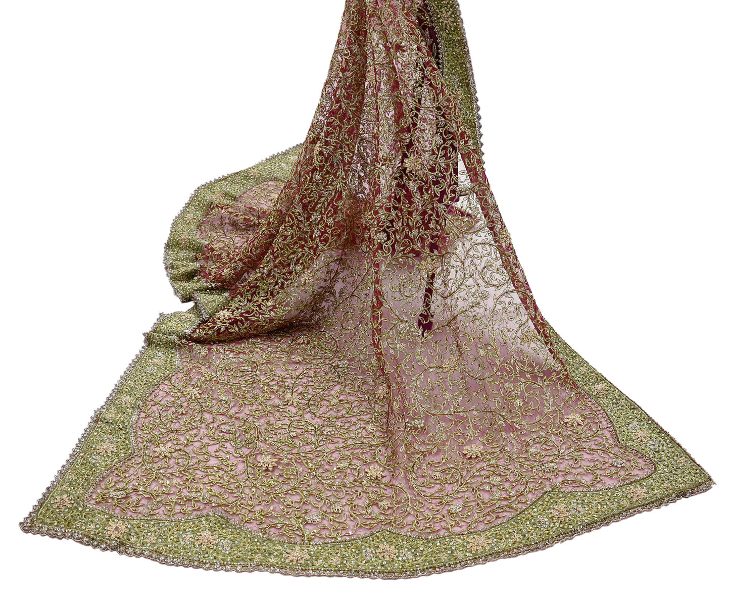 Indian Vintage Heavy Bridal Dupatta Pink Net Mesh Long Stole Hand Embroidered Scarves Silver Zardozi Dabka Zari Sequins Wedding Dupatta