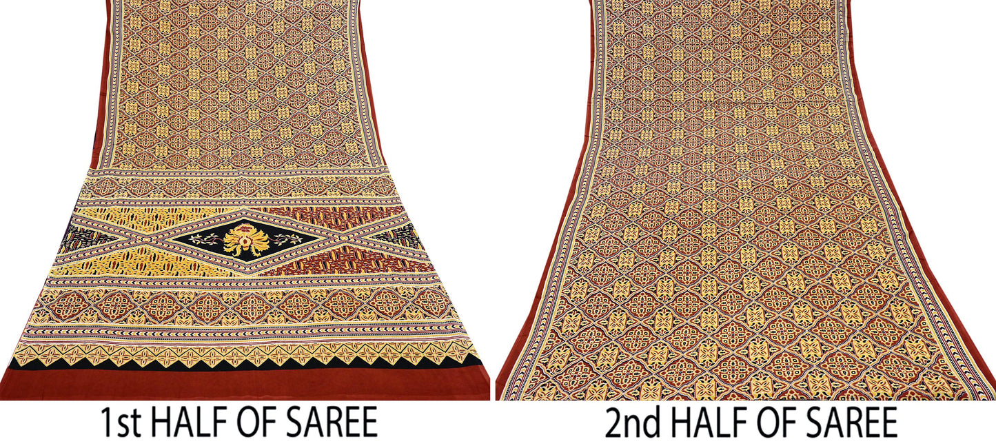 Indian Vintage Rusty Sarees Pure Cotton Block Printed Sari 5yd Sewing Craft Fabric DressMaking Soft Crafting Quilting Upcycle