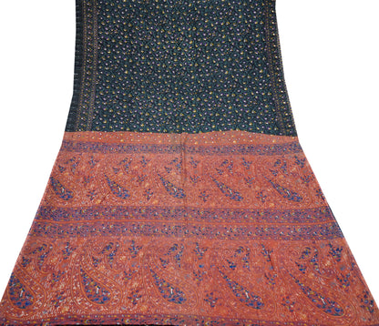 Indian Vintage Sari Orange & Black Printed Pure Cotton Sarees Fabric Floral 5Yd Sarong Wrap Boho Fabric Kimono Dress making Crafting