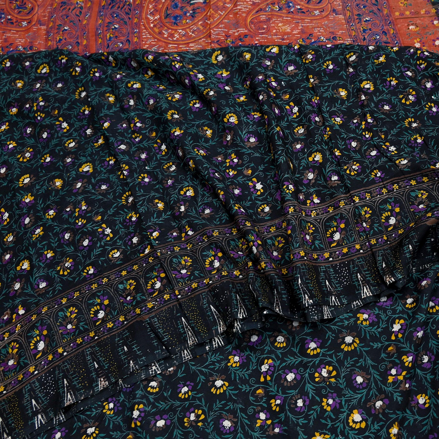 Indian Vintage Sari Orange & Black Printed Pure Cotton Sarees Fabric Floral 5Yd Sarong Wrap Boho Fabric Kimono Dress making Crafting