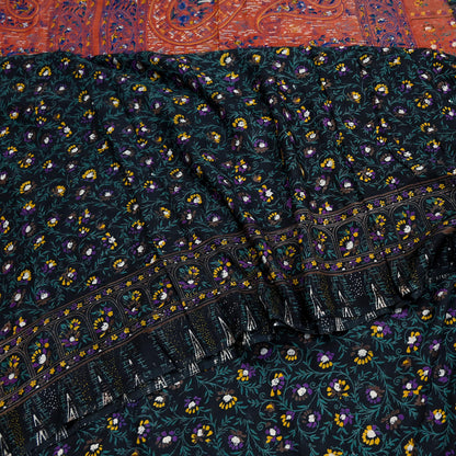 Indian Vintage Sari Orange & Black Printed Pure Cotton Sarees Fabric Floral 5Yd Sarong Wrap Boho Fabric Kimono Dress making Crafting