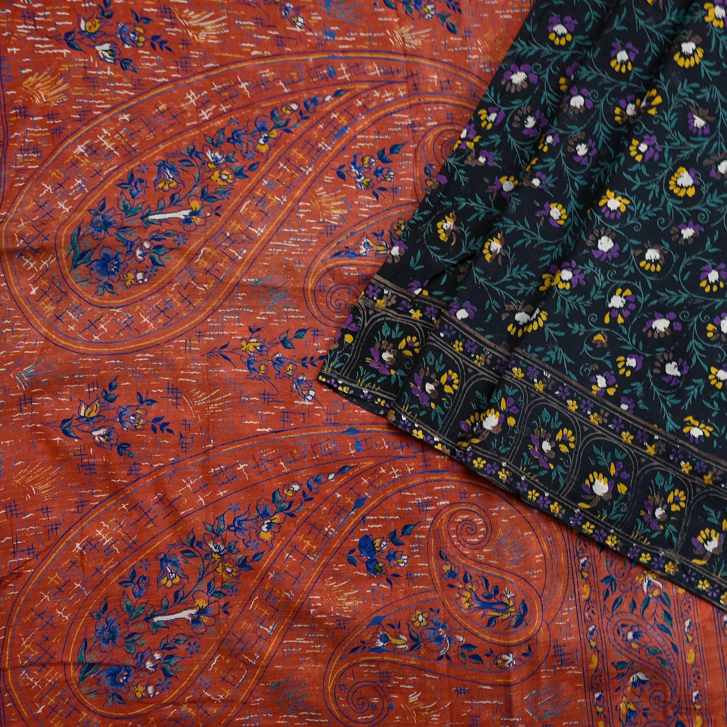 Indian Vintage Sari Orange & Black Printed Pure Cotton Sarees Fabric Floral 5Yd Sarong Wrap Boho Fabric Kimono Dress making Crafting