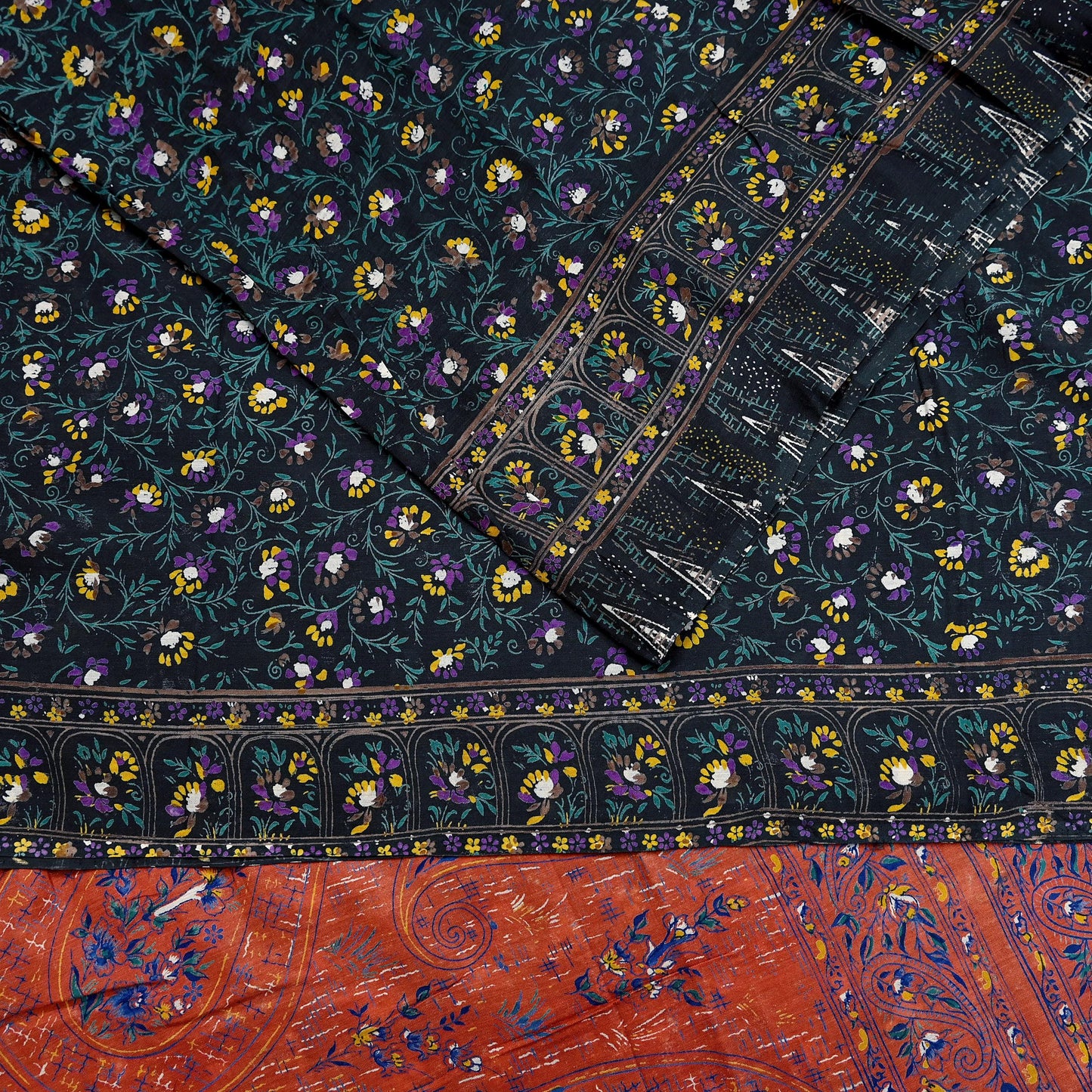 Indian Vintage Sari Orange & Black Printed Pure Cotton Sarees Fabric Floral 5Yd Sarong Wrap Boho Fabric Kimono Dress making Crafting