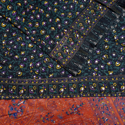 Indian Vintage Sari Orange & Black Printed Pure Cotton Sarees Fabric Floral 5Yd Sarong Wrap Boho Fabric Kimono Dress making Crafting