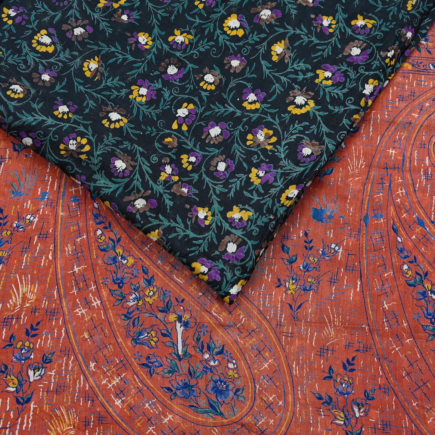 Indian Vintage Sari Orange & Black Printed Pure Cotton Sarees Fabric Floral 5Yd Sarong Wrap Boho Fabric Kimono Dress making Crafting